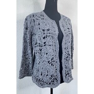 Escada Open Knit Cardigan Gray Wool Blend Crochet Women's M Romantic Old Money